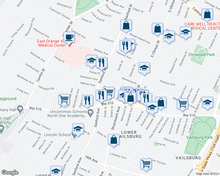 map of restaurants, bars, coffee shops, grocery stores, and more near 135 Smith Street in Newark