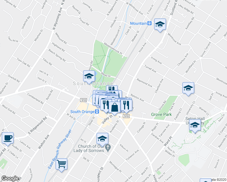 map of restaurants, bars, coffee shops, grocery stores, and more near 110 Vose Avenue in South Orange