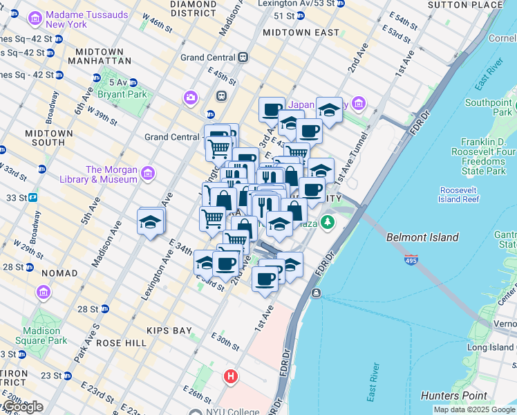 map of restaurants, bars, coffee shops, grocery stores, and more near 240 East 39th Street in New York