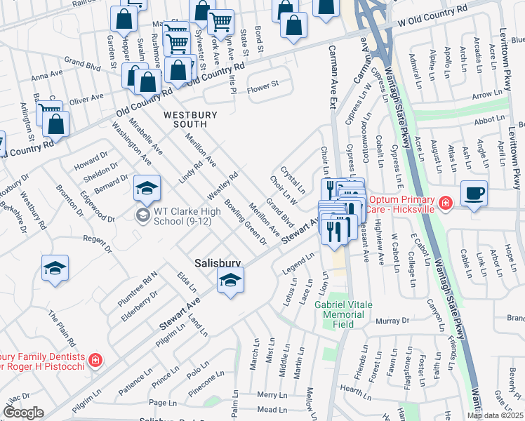 map of restaurants, bars, coffee shops, grocery stores, and more near 2456 Salisbury Road in Westbury