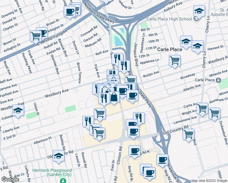 map of restaurants, bars, coffee shops, grocery stores, and more near 210 Glen Cove Road in Carle Place