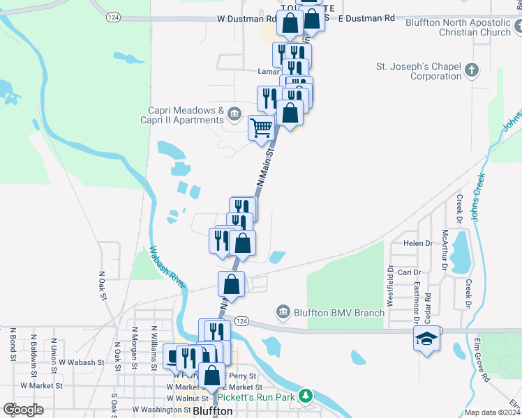 map of restaurants, bars, coffee shops, grocery stores, and more near 707 North Main Street in Bluffton