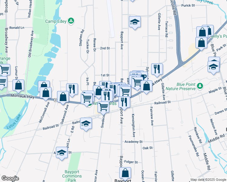 map of restaurants, bars, coffee shops, grocery stores, and more near 321 1st Avenue in Bayport
