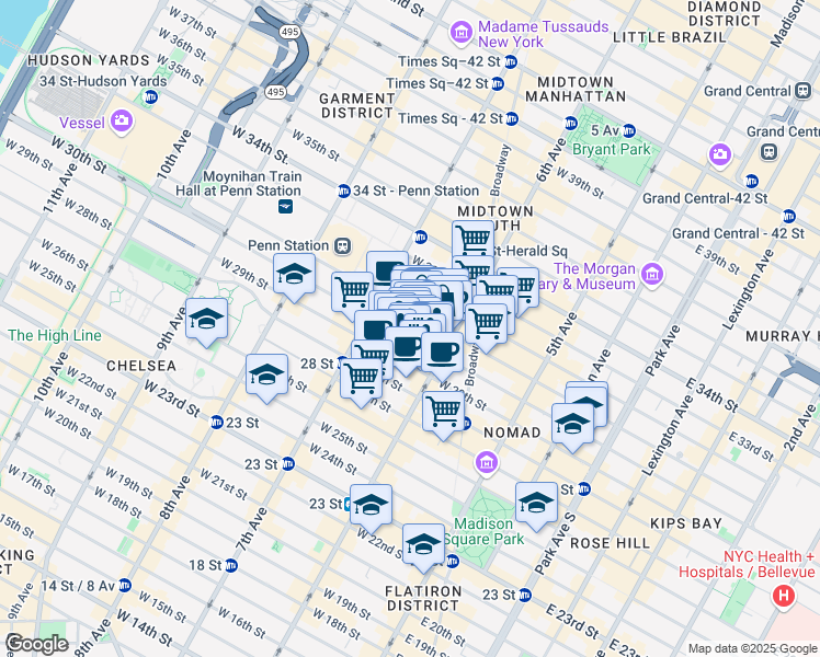 map of restaurants, bars, coffee shops, grocery stores, and more near 120 West 30th Street in New York