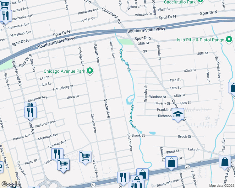 map of restaurants, bars, coffee shops, grocery stores, and more near 1295 Boston Avenue in Bay Shore
