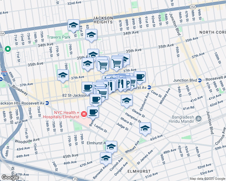 map of restaurants, bars, coffee shops, grocery stores, and more near 85-15 Roosevelt Avenue in Queens