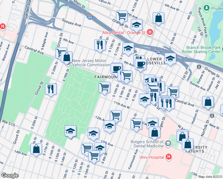 map of restaurants, bars, coffee shops, grocery stores, and more near 178 South 11th Street in Newark