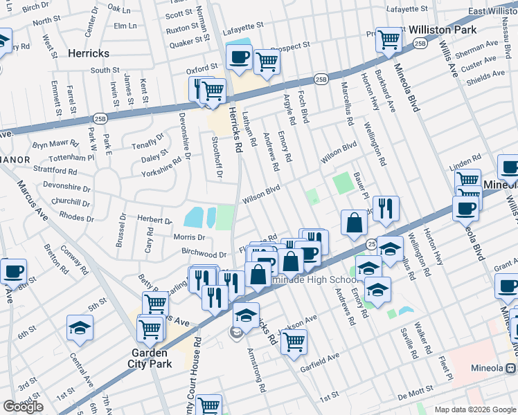 map of restaurants, bars, coffee shops, grocery stores, and more near 363 White Road in Mineola