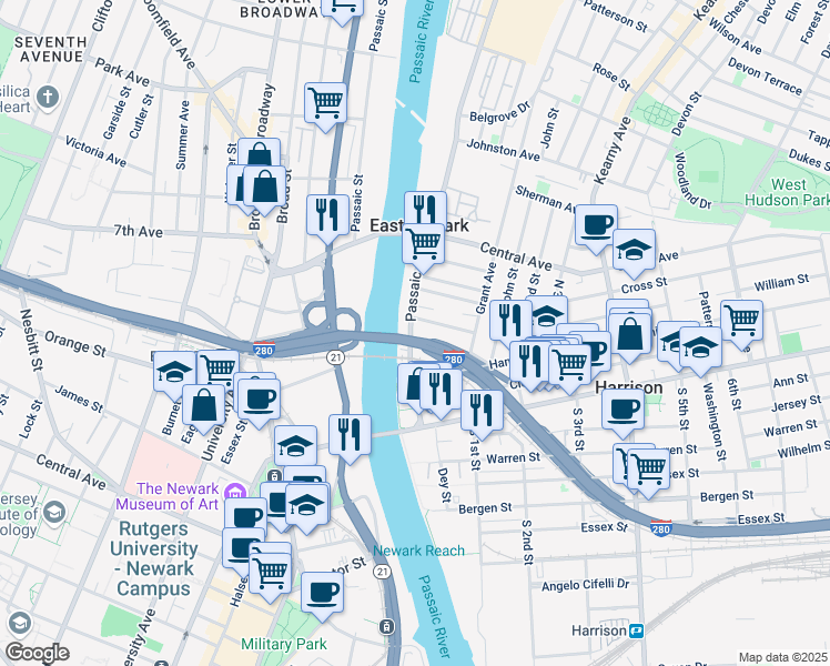 map of restaurants, bars, coffee shops, grocery stores, and more near 560 Passaic Avenue in Harrison