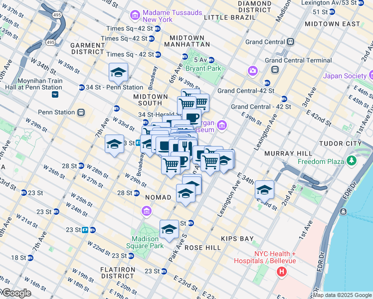 map of restaurants, bars, coffee shops, grocery stores, and more near 10E East 33rd Street in New York