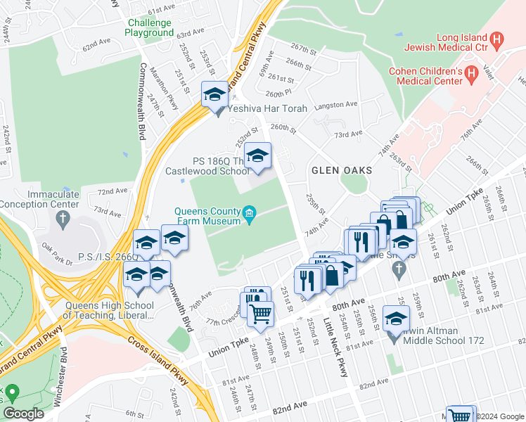 map of restaurants, bars, coffee shops, grocery stores, and more near 73- 60 Little Neck Parkway in Queens