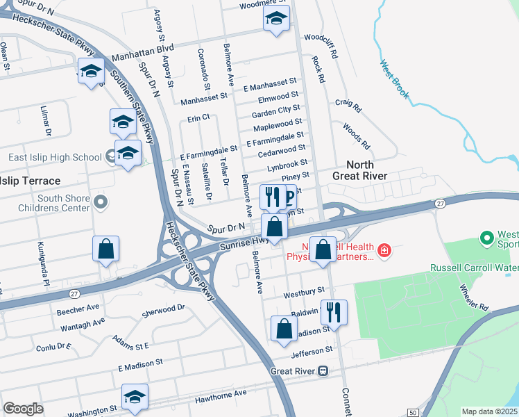 map of restaurants, bars, coffee shops, grocery stores, and more near 424 Belmore Avenue in Islip Terrace