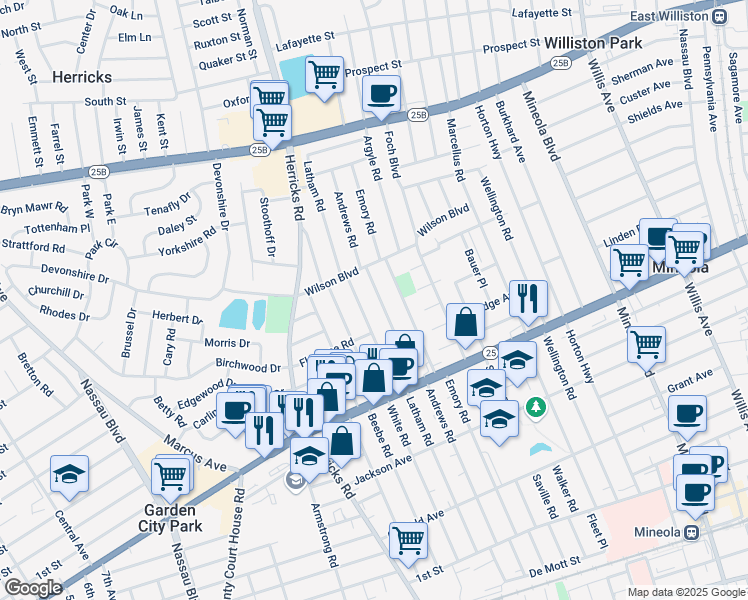 map of restaurants, bars, coffee shops, grocery stores, and more near 346 Latham Road in Mineola