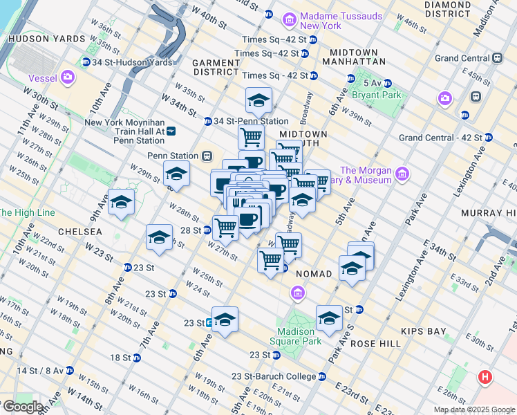 map of restaurants, bars, coffee shops, grocery stores, and more near 120 West 30th Street in New York