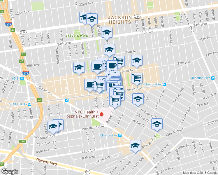 map of restaurants, bars, coffee shops, grocery stores, and more near 37-57 81st Street in Queens