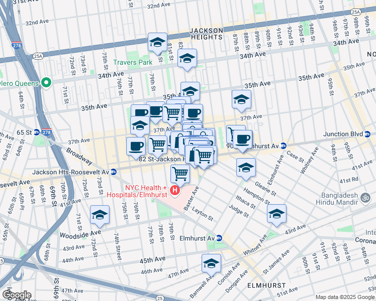 map of restaurants, bars, coffee shops, grocery stores, and more near 37-57 81st Street in Queens