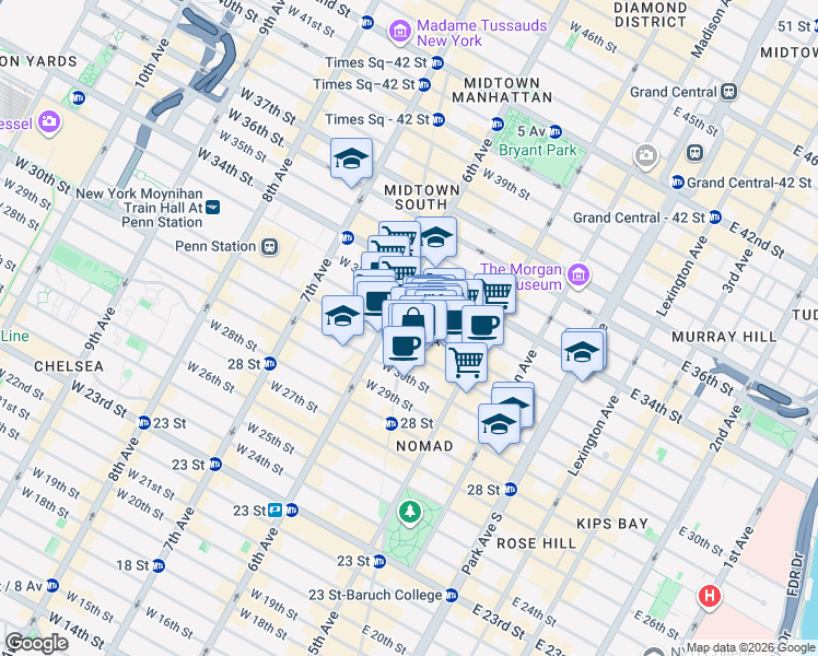 map of restaurants, bars, coffee shops, grocery stores, and more near 1250 Broadway in New York