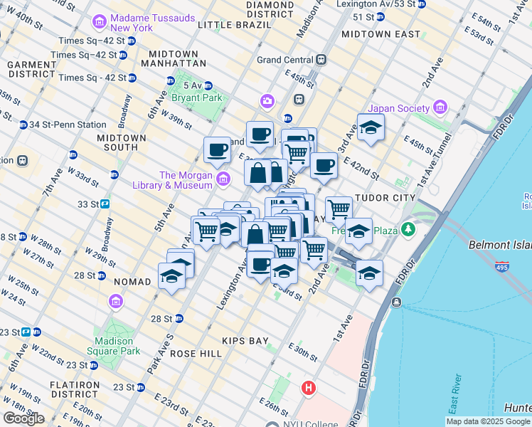 map of restaurants, bars, coffee shops, grocery stores, and more near 136 East 36th Street in New York