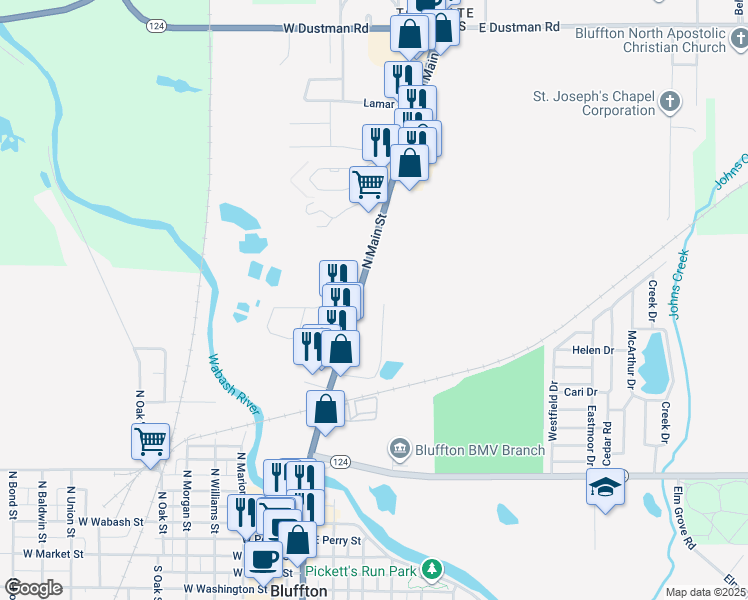 map of restaurants, bars, coffee shops, grocery stores, and more near 707 North Main Street in Bluffton