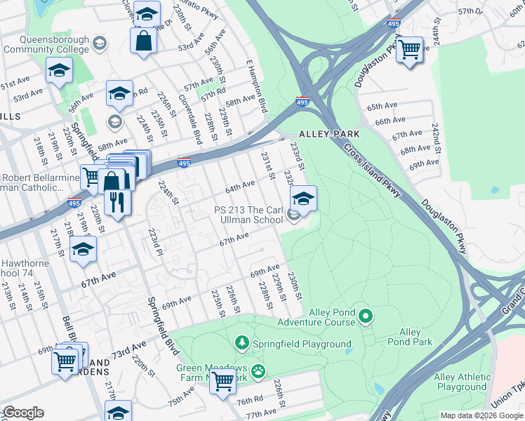 map of restaurants, bars, coffee shops, grocery stores, and more near 64-48 230th Street in Queens