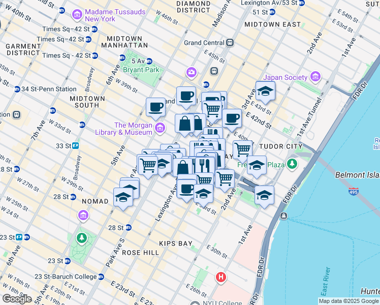 map of restaurants, bars, coffee shops, grocery stores, and more near 288 Lexington Avenue in New York