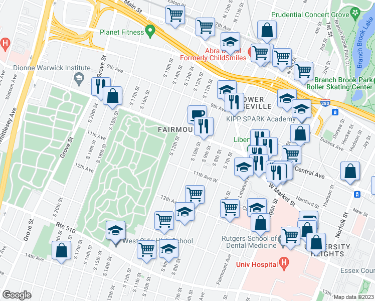 map of restaurants, bars, coffee shops, grocery stores, and more near 178 South 11th Street in Newark
