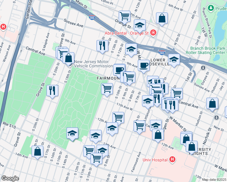map of restaurants, bars, coffee shops, grocery stores, and more near 178 South 11th Street in Newark