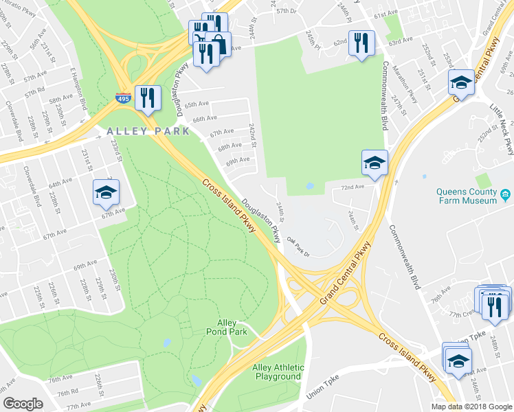 map of restaurants, bars, coffee shops, grocery stores, and more near 71-43 Douglaston Parkway in Queens