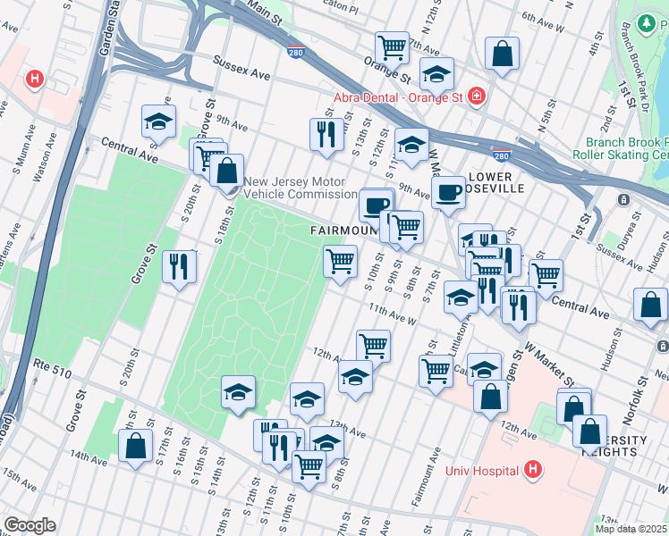 map of restaurants, bars, coffee shops, grocery stores, and more near 133 11th Avenue West in Newark