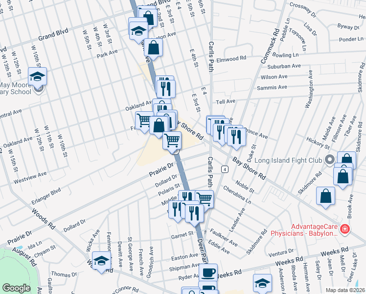 map of restaurants, bars, coffee shops, grocery stores, and more near 515 Lombard Street in North Babylon