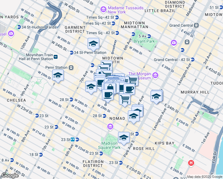 map of restaurants, bars, coffee shops, grocery stores, and more near 43 West 32nd Street in New York