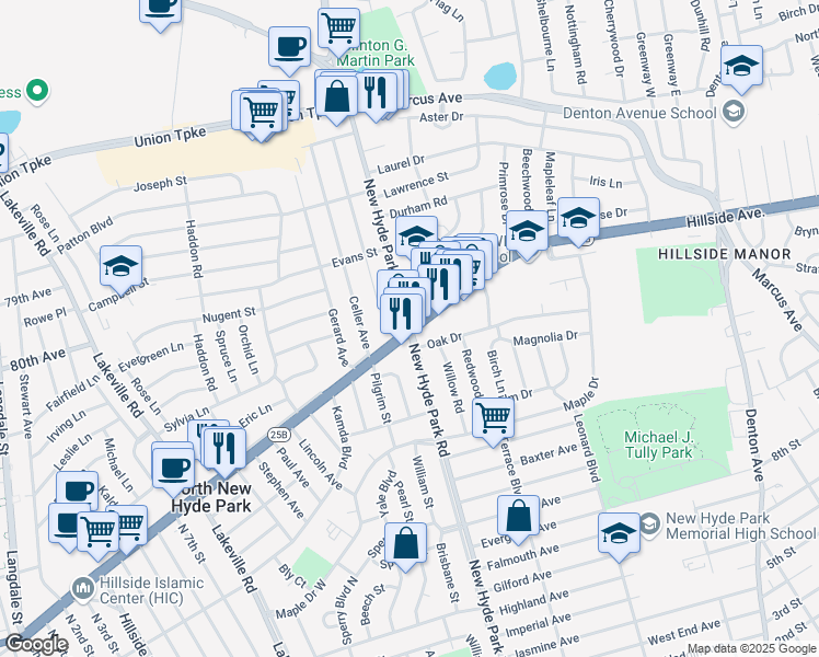 map of restaurants, bars, coffee shops, grocery stores, and more near Hillside Ave & New Hyde Park Rd in North New Hyde Park