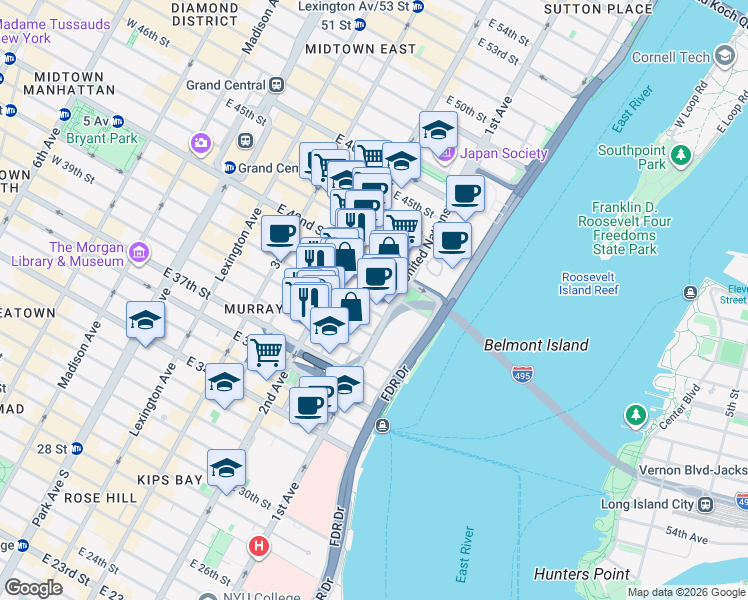 map of restaurants, bars, coffee shops, grocery stores, and more near in New York