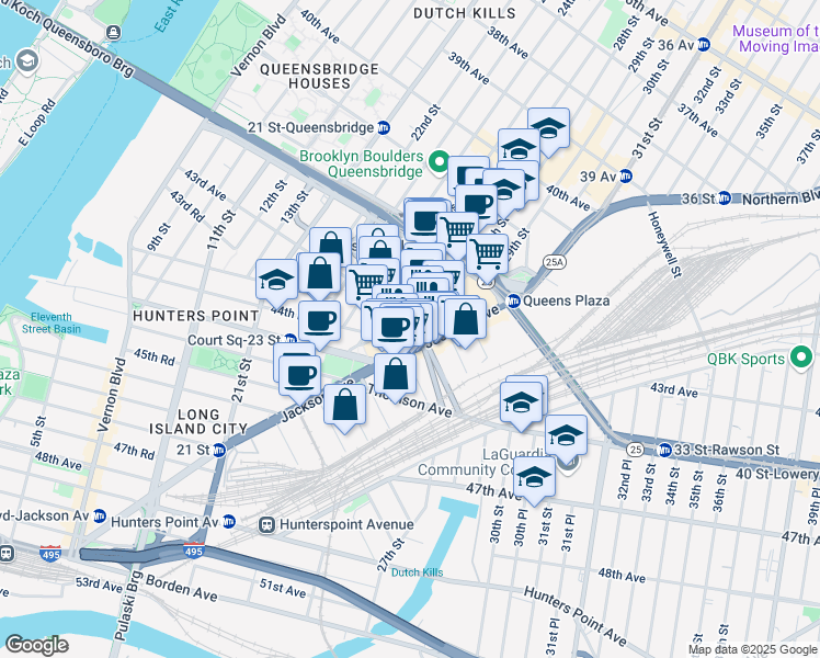 map of restaurants, bars, coffee shops, grocery stores, and more near 2707 43rd Avenue in Queens