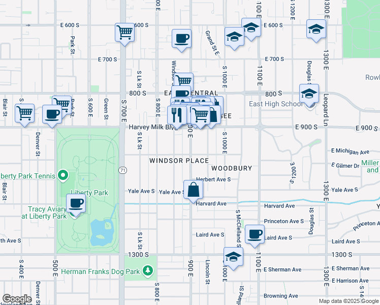 map of restaurants, bars, coffee shops, grocery stores, and more near 992 900 East in Salt Lake City