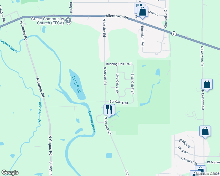 map of restaurants, bars, coffee shops, grocery stores, and more near 730 N Stevick Rd in Lima
