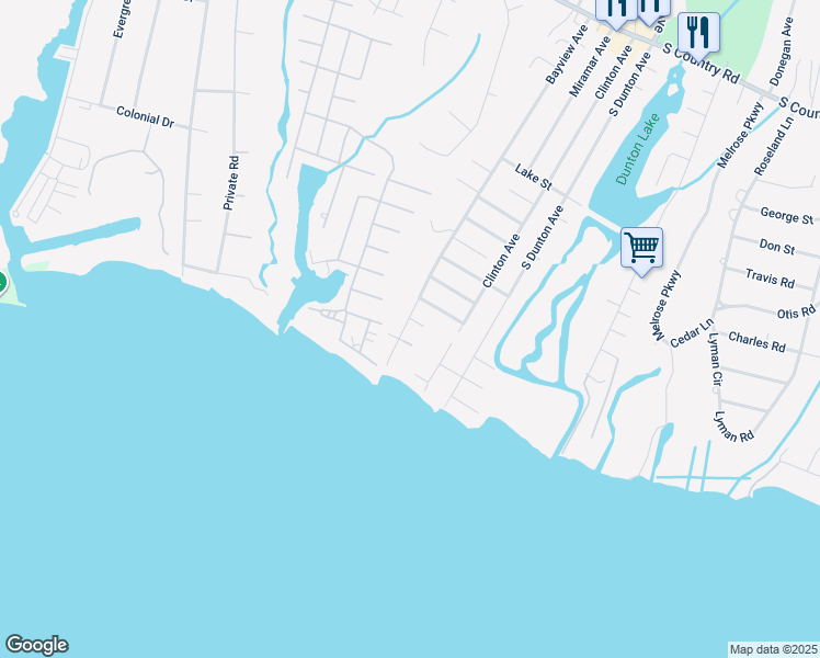 map of restaurants, bars, coffee shops, grocery stores, and more near 275 Bayview Avenue in East Patchogue