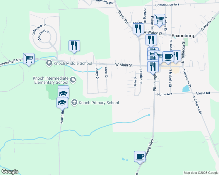 map of restaurants, bars, coffee shops, grocery stores, and more near 121 Carol Drive in Saxonburg