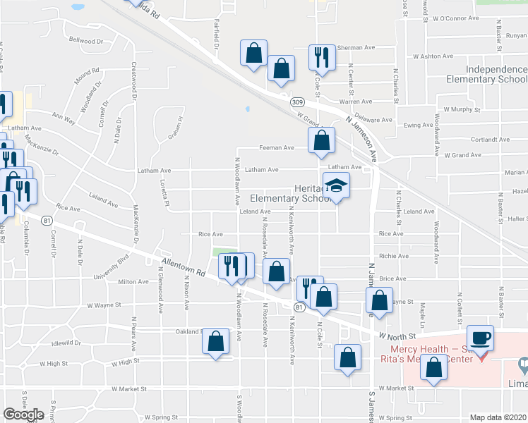 map of restaurants, bars, coffee shops, grocery stores, and more near 1401 Leland Avenue in Lima
