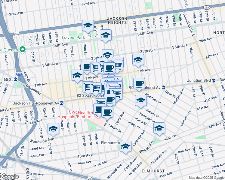 map of restaurants, bars, coffee shops, grocery stores, and more near 40-10 82nd Street in Queens