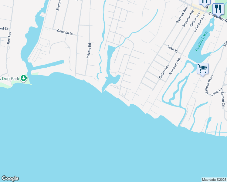 map of restaurants, bars, coffee shops, grocery stores, and more near 12 Shore Road in East Patchogue