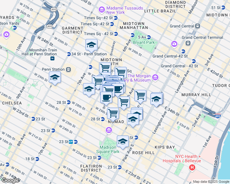 map of restaurants, bars, coffee shops, grocery stores, and more near 1250 Broadway in New York