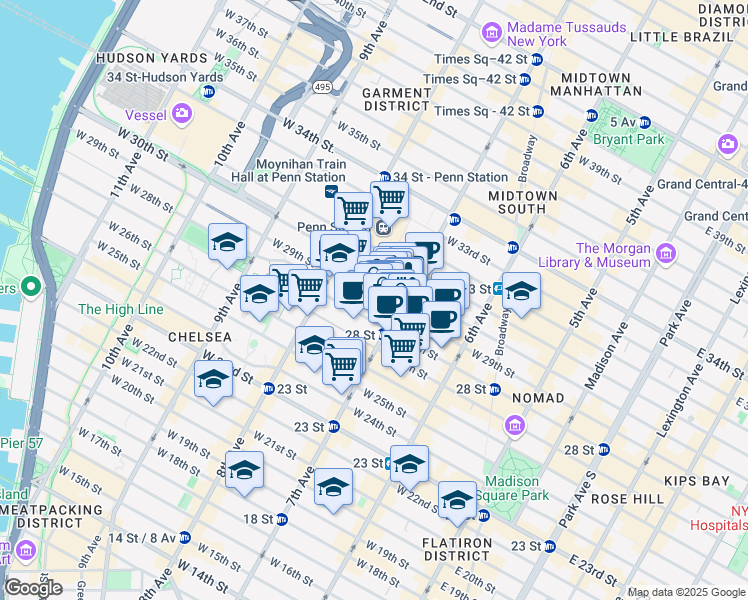 map of restaurants, bars, coffee shops, grocery stores, and more near 214 West 29th Street in New York