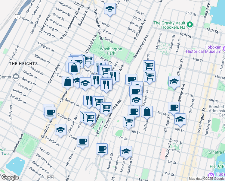 map of restaurants, bars, coffee shops, grocery stores, and more near 405 Ogden Avenue in Jersey City
