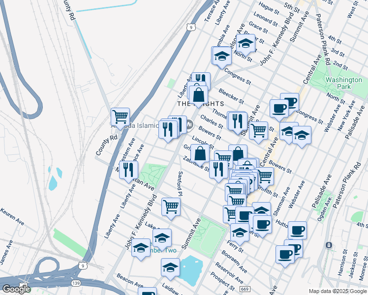 map of restaurants, bars, coffee shops, grocery stores, and more near 124 Zabriskie Street in Jersey City