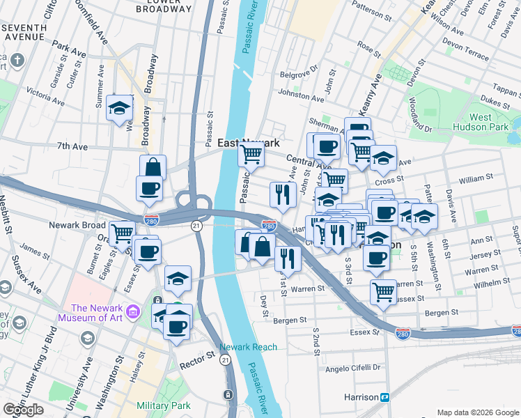 map of restaurants, bars, coffee shops, grocery stores, and more near 1-17 New Jersey Railroad Avenue in Harrison