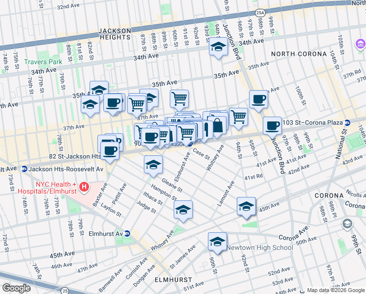 map of restaurants, bars, coffee shops, grocery stores, and more near 40-51 Denman Street in Queens