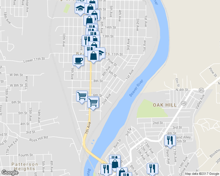 map of restaurants, bars, coffee shops, grocery stores, and more near 212 8th Street in Beaver Falls