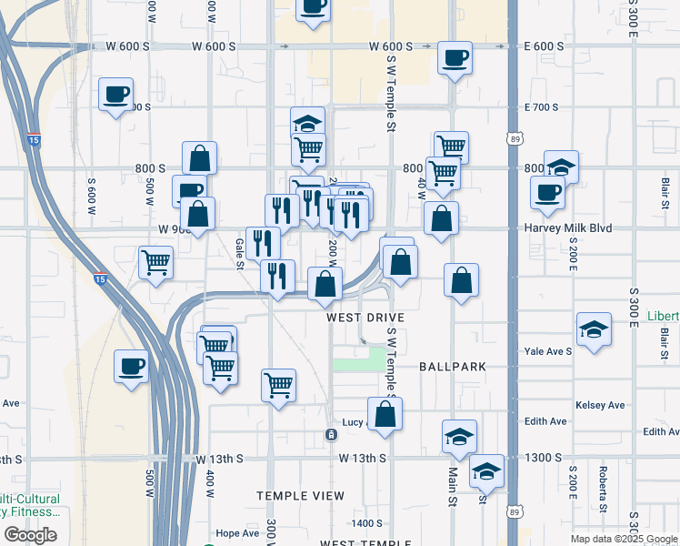map of restaurants, bars, coffee shops, grocery stores, and more near in Salt Lake City