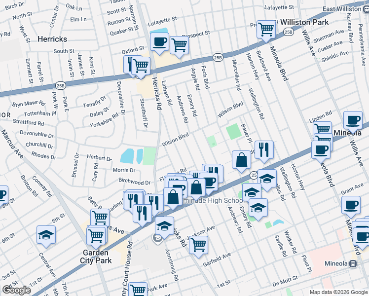 map of restaurants, bars, coffee shops, grocery stores, and more near 363 White Road in Mineola
